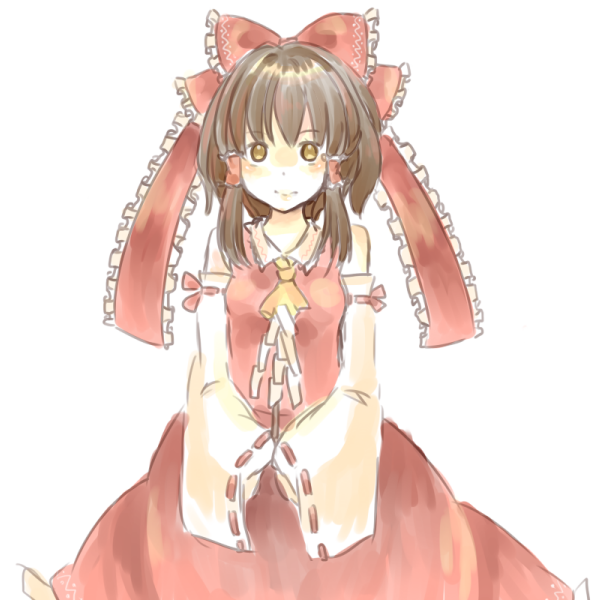 rit519, hakurei reimu, touhou, bad id, bad pixiv id, 1girl, ascot, bow, brown hair, cowboy shot, detached sleeves, female focus, frilled bow, frills, gohei, hair bow, hair tubes, japanese clothes, looking at viewer, miko, oonusa, short hair, smile, solo, white background, yellow eyes