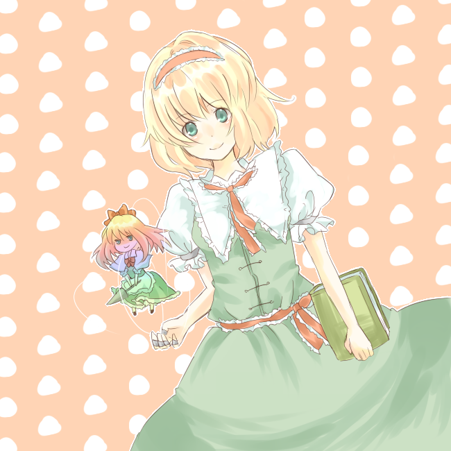 rit519, alice margatroid, shanghai doll, touhou, bad id, bad pixiv id, 1girl, blonde hair, blue eyes, blush, book, doll, dutch angle, female focus, green eyes, grimoire, hairband, holding, holding book, looking at viewer, polka dot, polka dot background, puffy short sleeves, puffy sleeves, short hair, short sleeves, smile, solo, weapon
