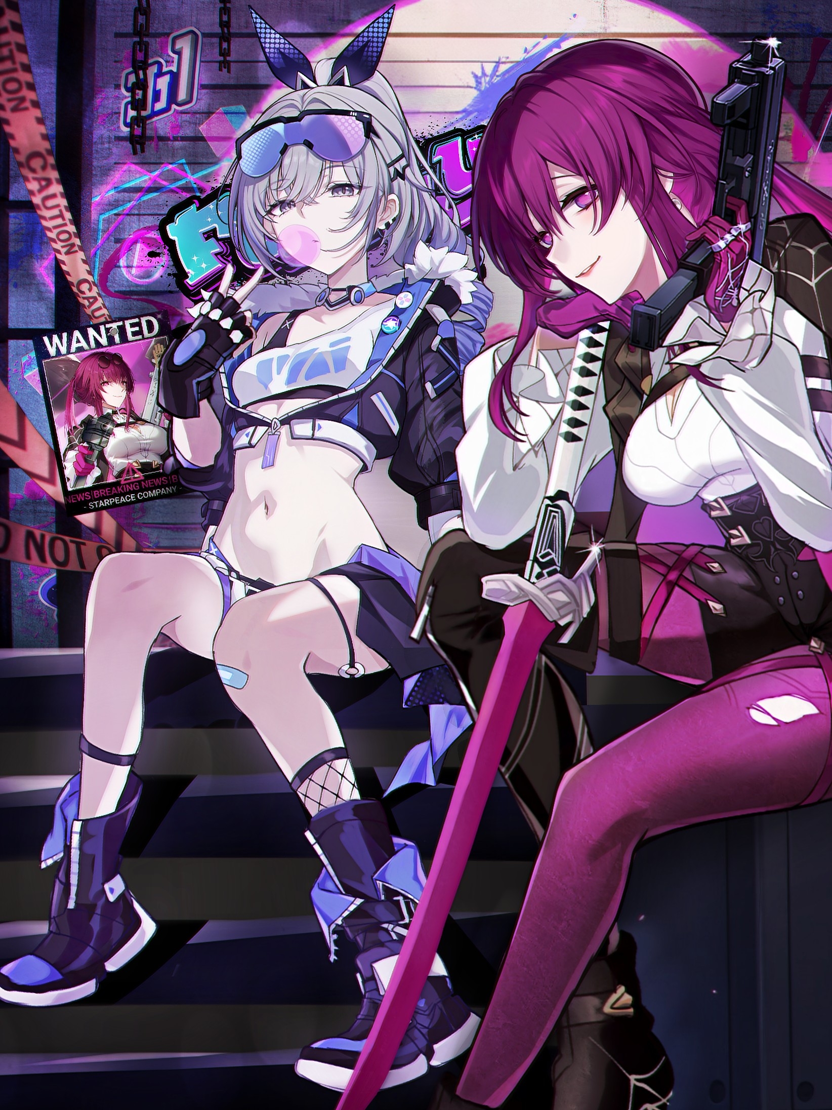 saint laurent paris, kafka (honkai: star rail), silver wolf (honkai: star rail), honkai: star rail, honkai (series), highres, revision, 2girls, bandaid, bandaid on knee, bandaid on leg, black gloves, black sports bra, blowing bubble gum, boots, bra strap, breasts, caution tape, chest harness, chewing gum, cleavage, drill hair, drill ponytail, earclip, eyewear on head, fingerless gloves, foot out of frame, full body, fur-trimmed jacket, fur trim, gloves, grey eyes, grey hair, gun, hair ornament, hair ribbon, hairclip, hand on hilt, hand up, harness, head rest, holding, holding gun, holding weapon, jacket, katana, long hair, long sleeves, looking at viewer, medium breasts, midriff, multiple girls, navel, no pupils, pantyhose, parted lips, purple-tinted eyewear, purple eyes, purple gloves, purple hair, purple pantyhose, ribbon, shirt, single drill, single thigh boot, sitting, small breasts, smile, spider web print, sports bra, sword, thigh boots, tinted eyewear, torn clothes, torn pantyhose, v, wanted poster, weapon, white shirt