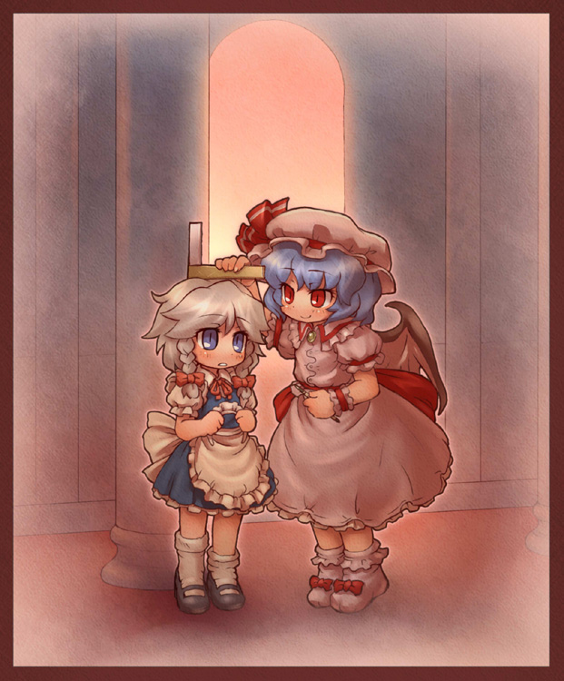 sankuma, izayoi sakuya, remilia scarlet, touhou, 2girls, aged down, apron, ascot, bat wings, blue dress, blue eyes, blue hair, braid, dress, female focus, frilled apron, frills, hat, height, height difference, mary janes, measuring, multiple girls, pink background, pink dress, pink theme, red eyes, ruler, shoes, short hair, smile, socks, twin braids, white hair, wings, wrist cuffs