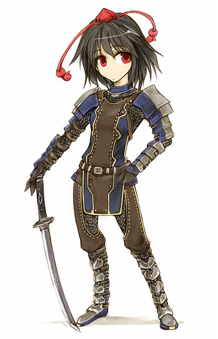 cervus, samurai (final fantasy), shameimaru aya, final fantasy, final fantasy xi, the iron of yin and yang, touhou, bad id, bad pixiv id, 00s, 1girl, alternate costume, armor, black hair, chainmail, female focus, full armor, hat, looking at viewer, red eyes, samurai, short hair, solo, sword, tokin hat, weapon, white background