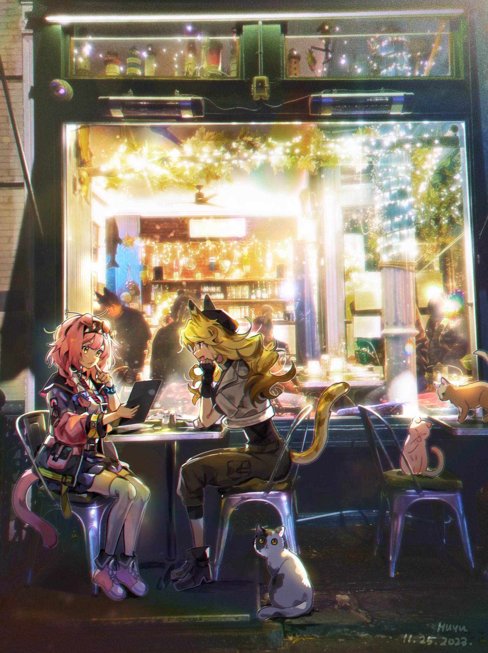 wed (lim38869577), goldenglow (arknights), quercus (arknights), arknights, commentary, highres, 2girls, animal ears, black boots, black gloves, black hairband, black shirt, black shoes, blonde hair, boots, braid, cat, cat ears, cat girl, cat tail, chair, closed mouth, dated, fingerless gloves, floppy ears, from side, full body, gloves, green pants, hairband, high heel boots, high heels, jacket, long hair, looking at another, miniskirt, multicolored jacket, multiple girls, on chair, open mouth, pants, pink hair, pink jacket, pink shoes, pleated skirt, print hairband, purple skirt, shirt, shoes, sitting, skirt, table, tail, thighhighs, white thighhighs, yellow eyes