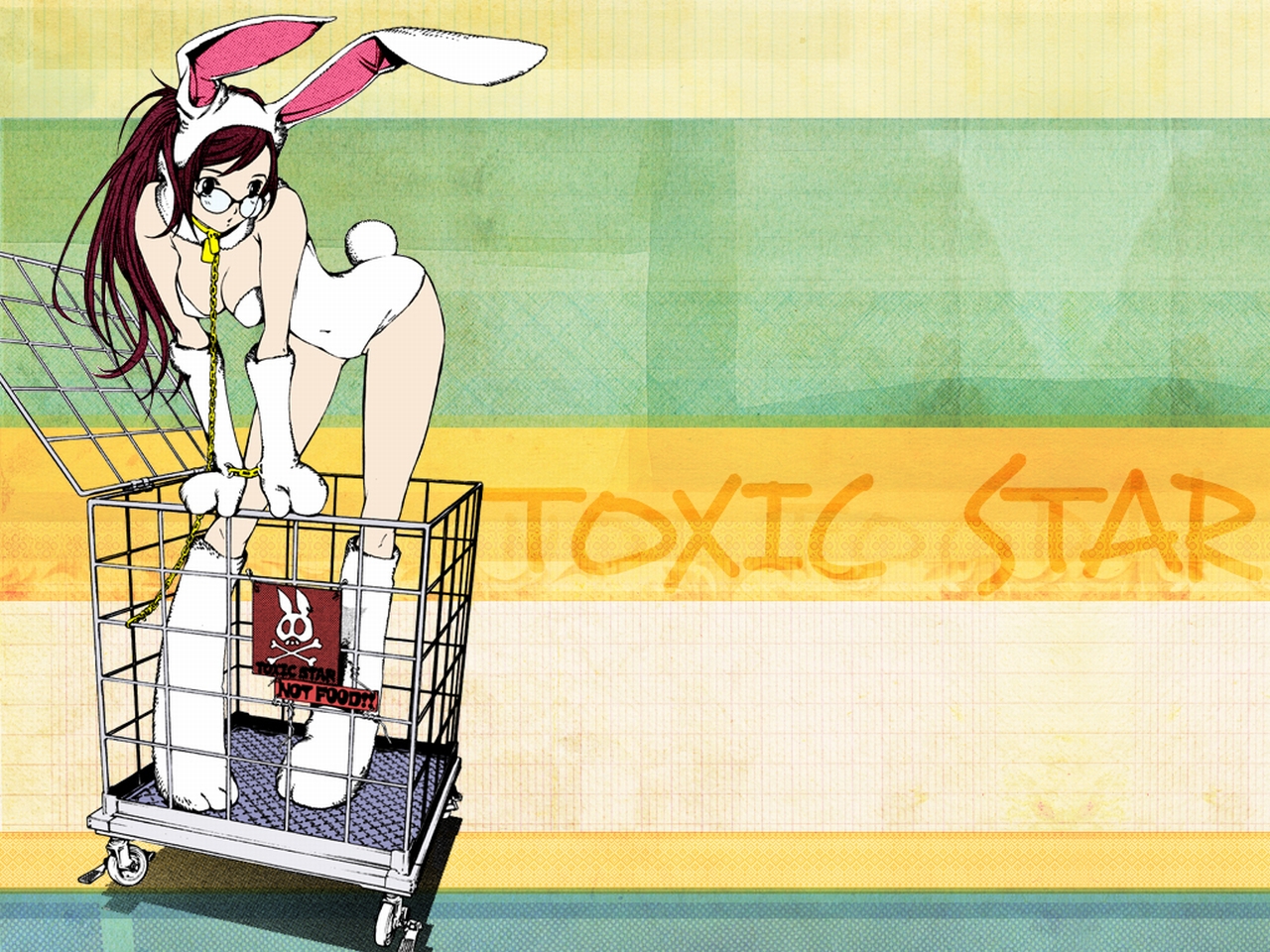 noyamano ringo, air gear, derivative work, vector trace, 1girl, animal ears, ass, bdsm, bent over, bondage, bound, breasts, cage, chain, cosplay, fake animal ears, female focus, full body, glasses, gloves, long hair, playboy bunny, rabbit, rabbit ears, rabbit tail, red hair, solo, standing, tail