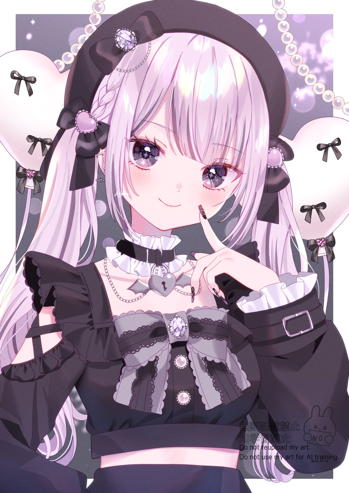 azarashi6, original, highres, 1girl, arm cutout, beret, black bow, black eyes, black hair, black shirt, blush, bow, braid, brooch, choker, closed mouth, clothing cutout, frilled choker, frilled sleeves, frills, grey bow, hair between eyes, hat, index finger raised, jewelry, jirai kei, long hair, long sleeves, pink hair, pointing, pointing at self, shirt, side braid, smile, solo, twintails, upper body