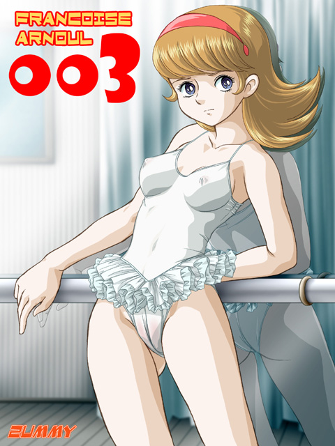 zummy, francoise arnoul, cyborg 009, bad id, bad pixiv id, 1960s (style), 1970s (style), 1girl, ass, ballerina, barre, blonde hair, blue eyes, breasts, cameltoe, character name, covered erect nipples, cyborg, female focus, frills, hairband, headband, long hair, looking at viewer, mirror, no bra, oldschool, reflection, retro artstyle, short hair, small breasts, solo, tutu