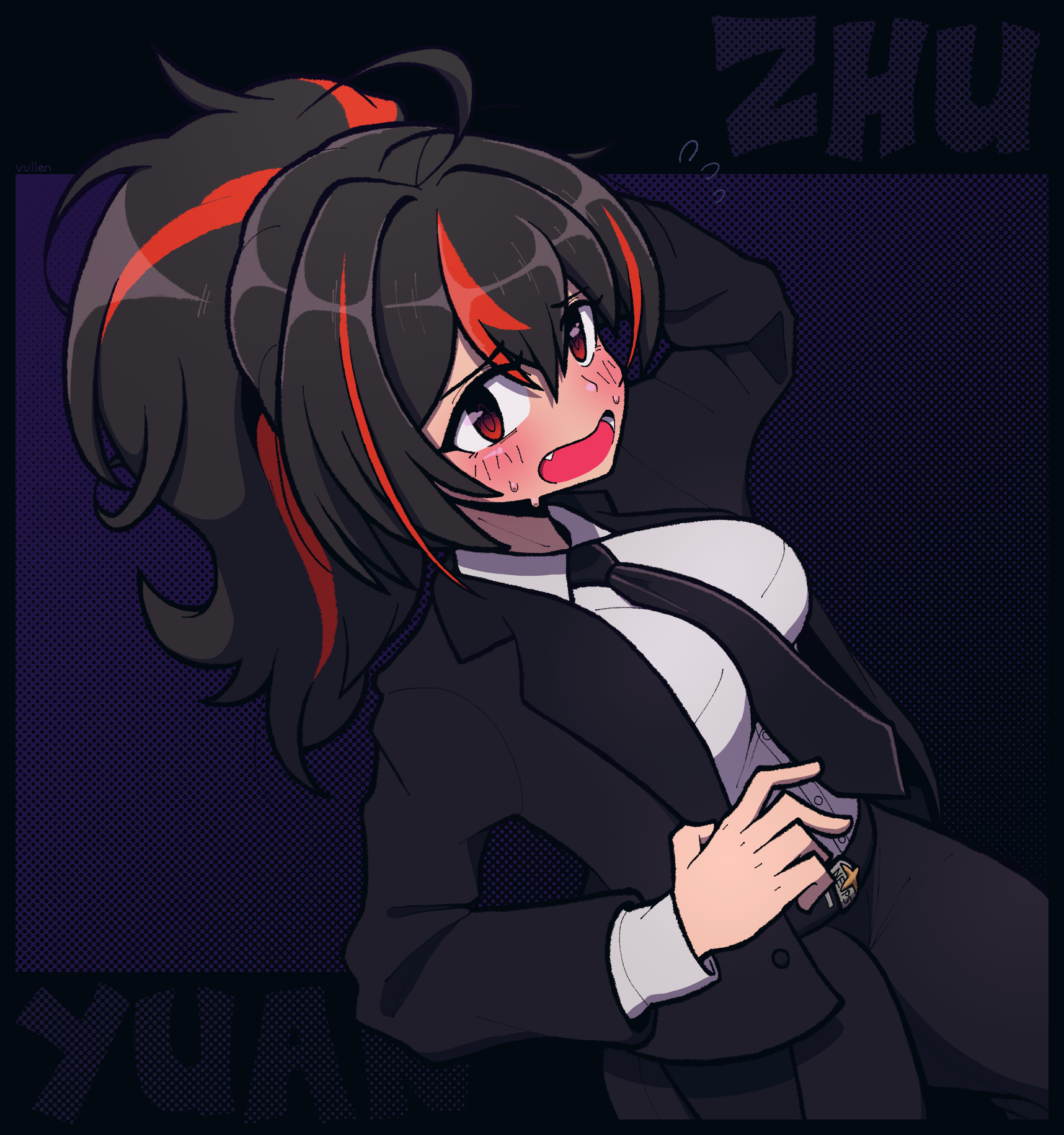 vullen, zhu yuan, zenless zone zero, commentary, english commentary, highres, 1girl, alternate costume, black necktie, black suit, blush, character name, dark background, formal clothes, multicolored hair, necktie, open mouth, police, police uniform, policewoman, red hair, red streaks, shirt, simple background, solo, streaked hair, suit, white shirt