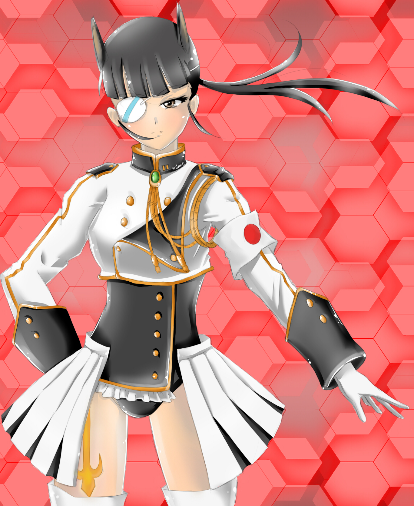 miang, chiester00, chiester sisters, sakamoto mio, strike witches, umineko no naku koro ni, world witches series, uniform, bad id, bad pixiv id, highres, 1girl, animal ears, chiester00 (cosplay), chiester sisters (cosplay), cosplay, eyepatch, female focus, ponytail, showgirl skirt, solo