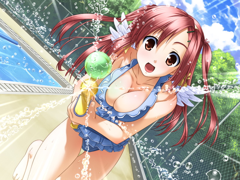 minase lin, murakami suigun, sakurakaze urara, kokoyori haruka -surrounded sea in the world-, game cg, 1girl, :d, aiming, aiming at viewer, angel wings, barefoot, bikini, breasts, breasts squeezed together, brown eyes, chain-link fence, cleavage, day, dutch angle, female focus, fence, frilled bikini, frills, hair ornament, hairclip, happy, large breasts, long hair, open mouth, outdoors, pink hair, pool, poolside, pov, red hair, running, sky, smile, solo, splashing, swimsuit, thigh gap, twintails, two side up, vanishing point, water, water gun, wings