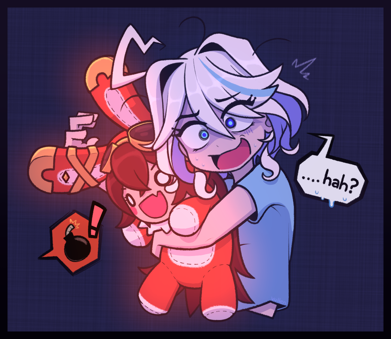 vullen, amber (genshin impact), baron bunny (genshin impact), furina (genshin impact), genshin impact, commentary, english commentary, !, 1girl, blue eyes, blue hair, bomb, character doll, dark background, doll, explosive, goggles, goggles on head, heterochromia, holding, holding stuffed toy, hug, hugging object, mismatched pupils, multicolored hair, o o, open mouth, short hair, simple background, solo, speech bubble, streaked hair, stuffed animal, stuffed rabbit, stuffed toy, surprised, white hair