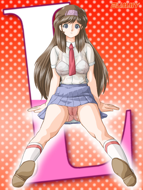 zummy, asaoka natsumi, the kabocha wine, bad id, bad pixiv id, 1girl, blue eyes, bra, breasts, brown hair, cameltoe, female focus, headband, lingerie, long hair, medium breasts, necktie, nipples, panties, pantyshot, pink panties, pleated skirt, polka dot, school uniform, see-through clothes, sitting, skirt, solo, square-end necktie, uncensored, underwear, upskirt