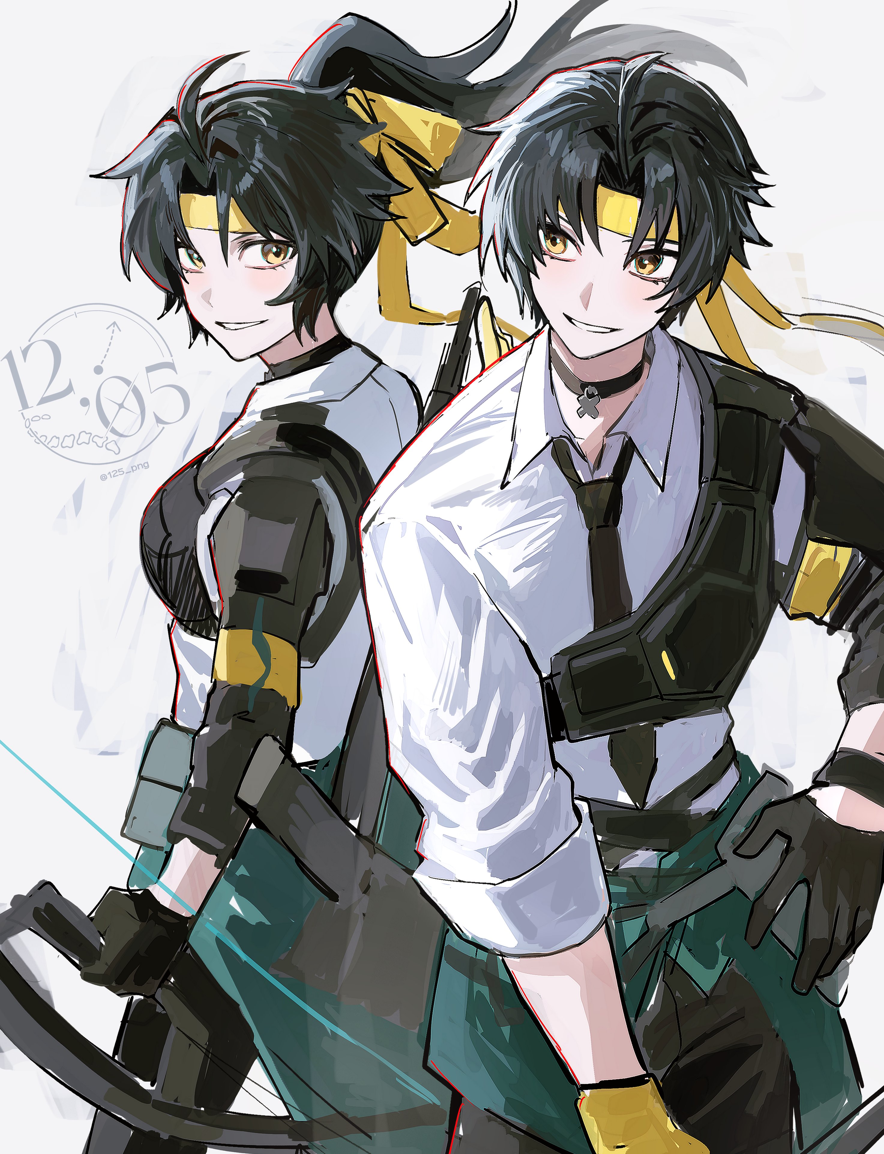 nongxy nonshi, asaba harumasa, zenless zone zero, absurdres, hashtag-only commentary, highres, 1boy, 1girl, armor, artist logo, asymmetrical gloves, black gloves, black hair, black necktie, black pants, bow (weapon), choker, clothes around waist, eye contact, facing viewer, from side, genderswap, genderswap (mtf), gloves, headband, holding, holding bow (weapon), holding weapon, logo, long hair, looking at another, mismatched gloves, necktie, pants, parted bangs, ponytail, quiver, ribbon, shirt, short hair, shoulder armor, sleeves rolled up, smile, twitter username, weapon, white background, white shirt, wristband, yellow eyes, yellow gloves, yellow headband, yellow ribbon