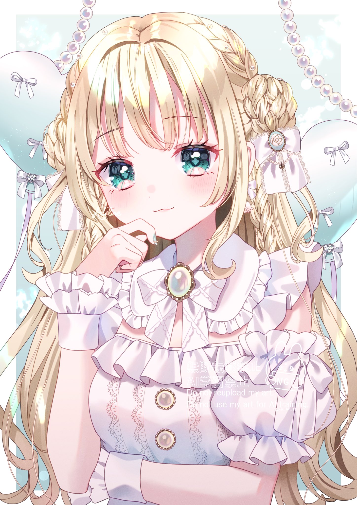 azarashi6, original, commentary, highres, symbol-only commentary, 1girl, :3, blonde hair, blush, bow, braid, braided bun, brooch, detached collar, detached sleeves, frilled shirt collar, frills, green eyes, hair between eyes, hair bun, hand on own chin, jewelry, long hair, looking at viewer, puffy short sleeves, puffy sleeves, short sleeves, side braid, solo, stroking own chin, two side up, upper body, white bow, wrist cuffs