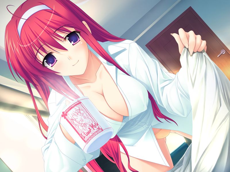 satou satoru, akane (tsun na kanojo dere na kanojo), tsun na kanojo dere na kanojo, game cg, 1girl, bed sheet, breasts, cleavage, covered erect nipples, cup, female focus, hairband, large breasts, long hair, mug, panties, purple eyes, red hair, sheet grab, shirt, smile, solo, underwear, white shirt, yellow panties