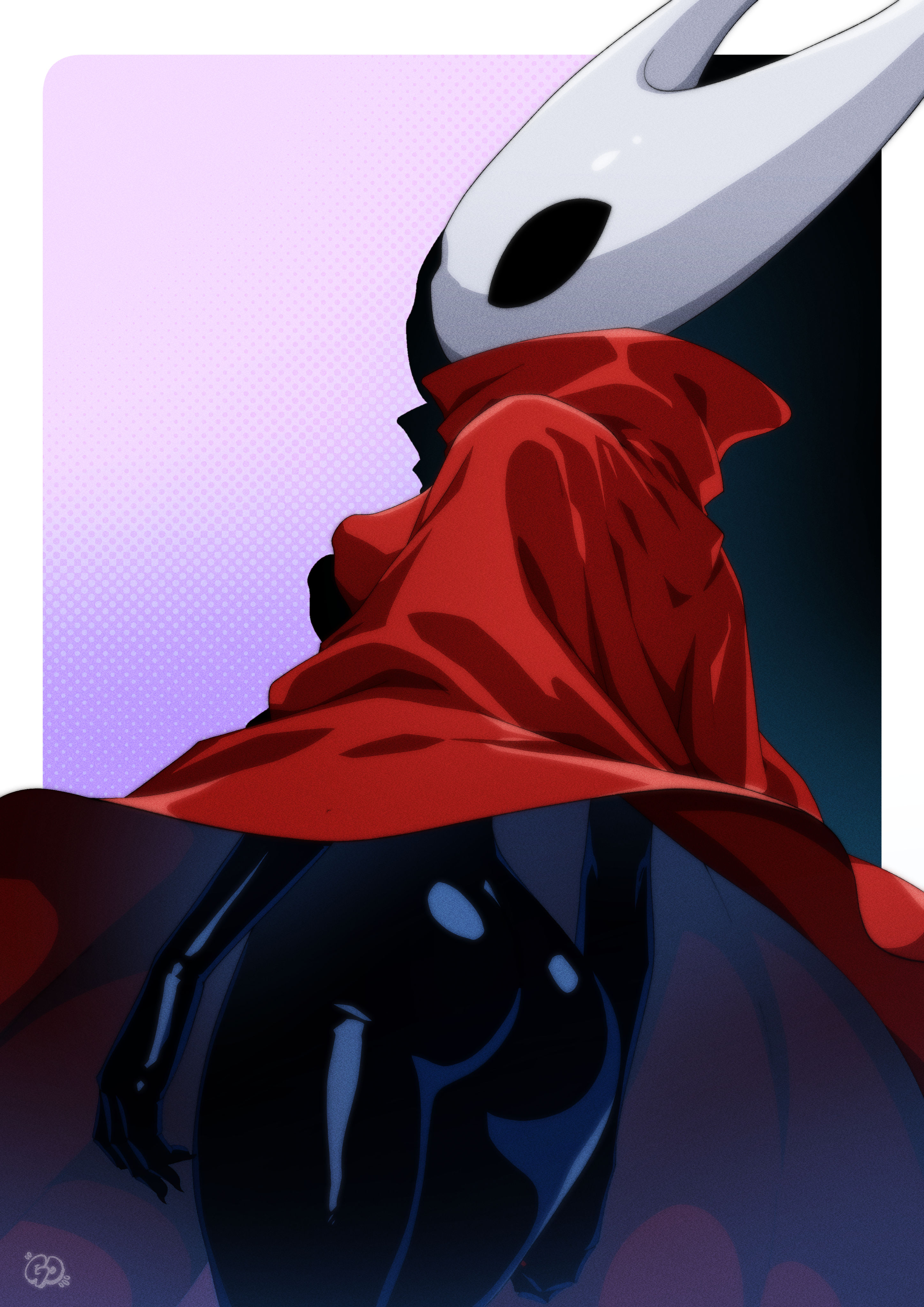 gravydood, hornet (hollow knight), hollow knight, absurdres, highres, 1girl, arthropod girl, ass, black background, black bodysuit, black eyes, black gloves, bodysuit, border, breasts, cloak, cowboy shot, from behind, gloves, gradient background, looking at viewer, medium breasts, purple background, red cloak, shiny clothes, solo, white border, white mask