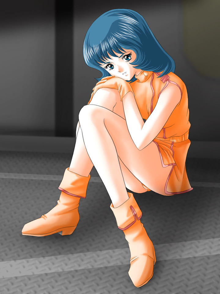 zummy, fa yuiry, gundam, zeta gundam, bad id, bad pixiv id, blue eyes, blue hair, boots, dress, gloves, panties, pantyshot, short dress, short hair, sitting, smile, solo, underwear
