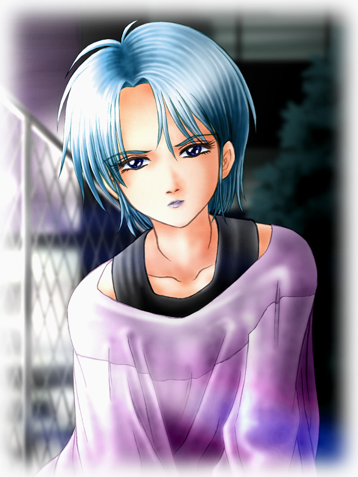zummy, four murasame, gundam, zeta gundam, bad id, bad pixiv id, blue eyes, blue hair, chain-link fence, fence, lipstick, makeup, outdoors, purple lips, short hair, solo, tunic