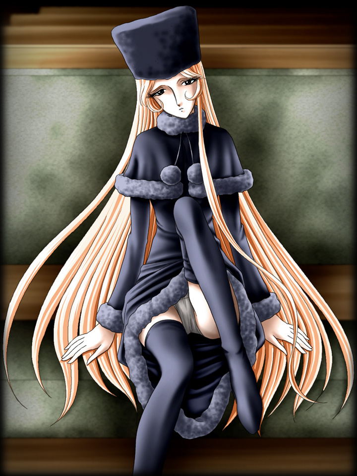 zummy, maetel, ginga tetsudou 999, bad id, bad pixiv id, black thighhighs, blonde hair, boots, dress, eyelashes, fur hat, hat, long hair, mantelet, panties, pantyshot, sitting, solo, thigh boots, thighhighs, underwear, very long hair, white panties