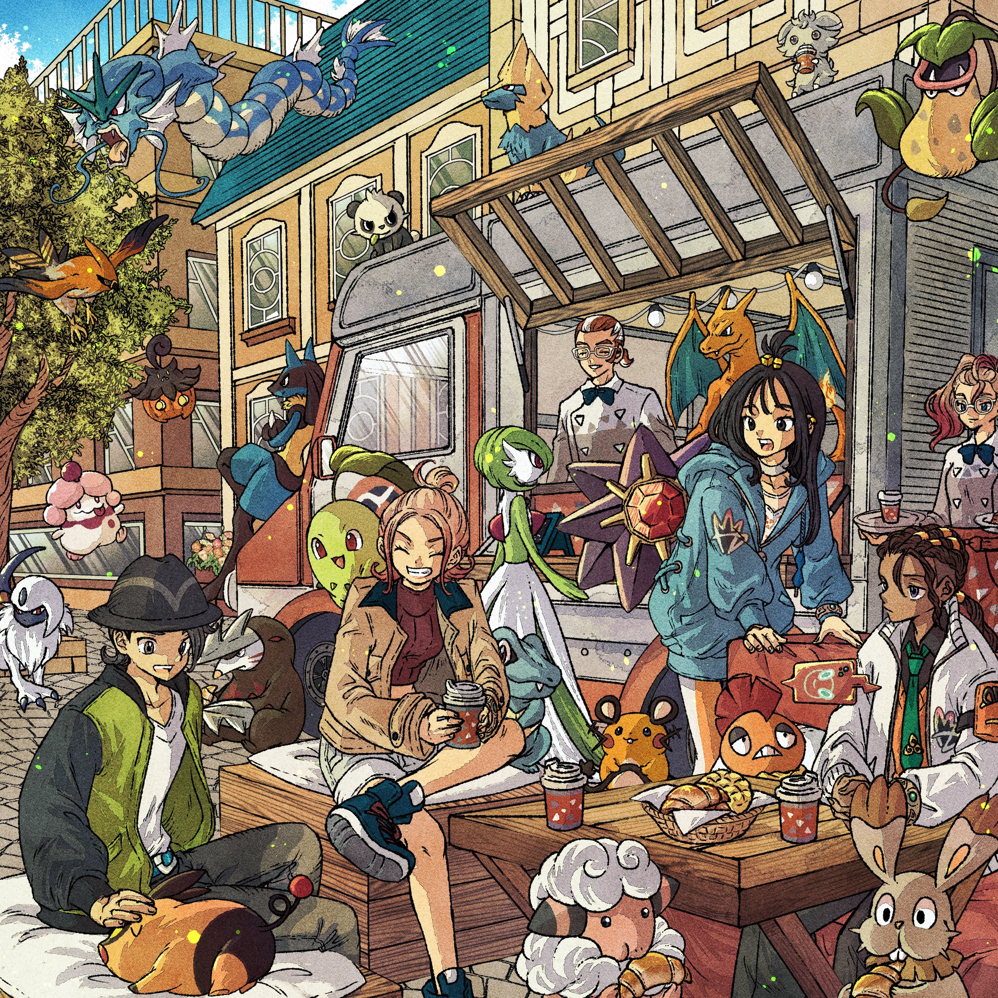 toriga, absol, bunnelby, charizard, chikorita, dedenne, espurr, excadrill, flaaffy, gardevoir, griselle (pokemon), grisham (pokemon), gyarados, lida (pokemon), lucario, manectric, naveen (pokemon), pancham, paxton (pokemon), pumpkaboo, scrafty, slurpuff, starmie, talonflame, taunie (pokemon), tepig, totodile, victreebel, nintendo, pokemon, pokemon legends: z-a, commentary request, highres, 3boys, 3girls, black eyes, black hair, black hat, blue sky, brown jacket, choker, closed eyes, cloud, creature, creature on shoulder, crossed arms, crossed legs, cup, dark-skinned male, dark skin, disposable cup, flower, food, food truck, gen 1 pokemon, gen 2 pokemon, gen 3 pokemon, gen 4 pokemon, gen 5 pokemon, gen 6 pokemon, glasses, green necktie, grin, hair bun, hat, holding, holding tray, hood, hood down, jacket, long hair, looking at another, midriff, multicolored hair, multiple boys, multiple girls, necktie, on shoulder, pink hair, pokemon (creature), red hair, short hair, single hair bun, sky, smile, teeth, tongue, tongue out, tray, two-tone hair, white-framed eyewear, white choker, white hair