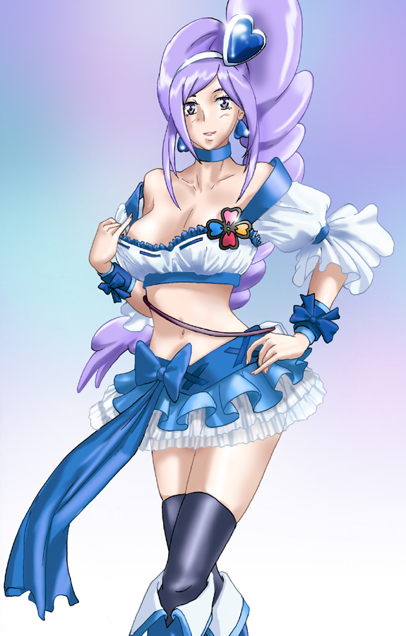 spiketail, aono miki, cure berry, fresh precure!, precure, 00s, 1girl, black thighhighs, blue boots, blue skirt, blush, boots, choker, female focus, hair ornament, hand on own hip, heart, heart hair ornament, knee boots, magical girl, purple eyes, purple hair, skirt, solo, strap slip, thighhighs, undressing