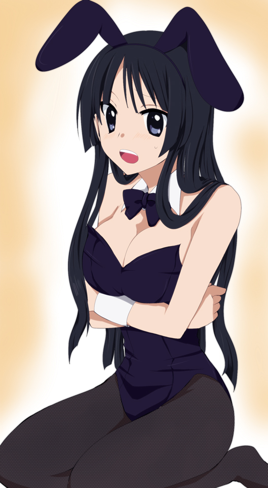 komesoudou, soudou, akiyama mio, k-on!, bad id, bad pixiv id, 00s, 1girl, animal ears, black eyes, black hair, breasts, fake animal ears, female focus, gradient background, kneeling, long hair, pantyhose, playboy bunny, rabbit ears, solo