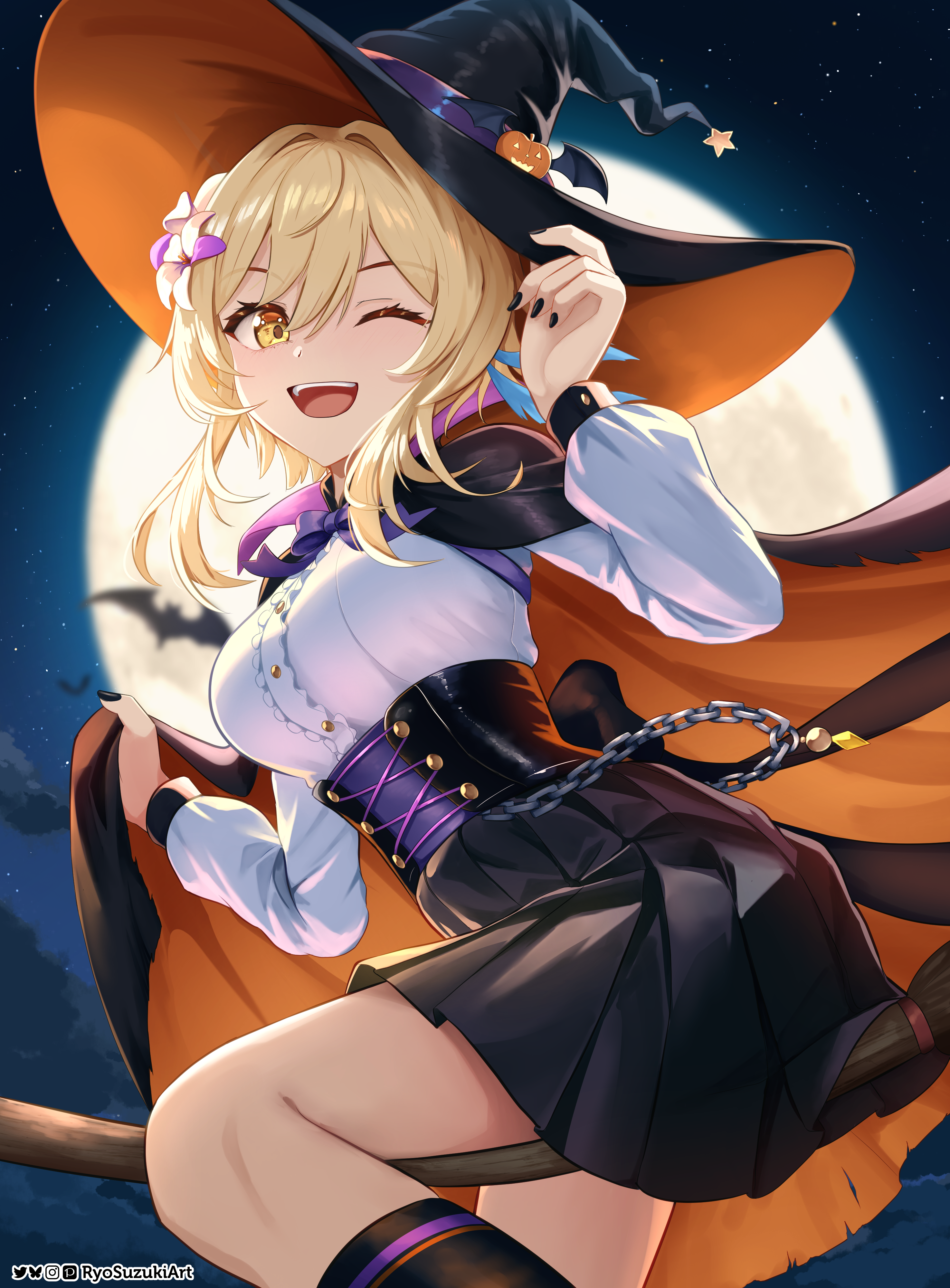 ryo-suzuki, lumine (genshin impact), genshin impact, absurdres, commentary, commentary request, english commentary, highres, mixed-language commentary, 1girl, ;d, alternate costume, artist name, black cape, black hat, black nails, black skirt, blonde hair, bluesky logo, bow, bowtie, breasts, cape, fingernails, flower, full moon, hair between eyes, hair flower, hair ornament, hand on headwear, hat, instagram logo, long sleeves, medium breasts, moon, nail polish, night, one eye closed, open mouth, orange cape, pixiv logo, purple bow, purple bowtie, shirt, short hair with long locks, skirt, smile, solo, twitter logo, two-tone cape, white flower, white shirt, witch hat, yellow eyes