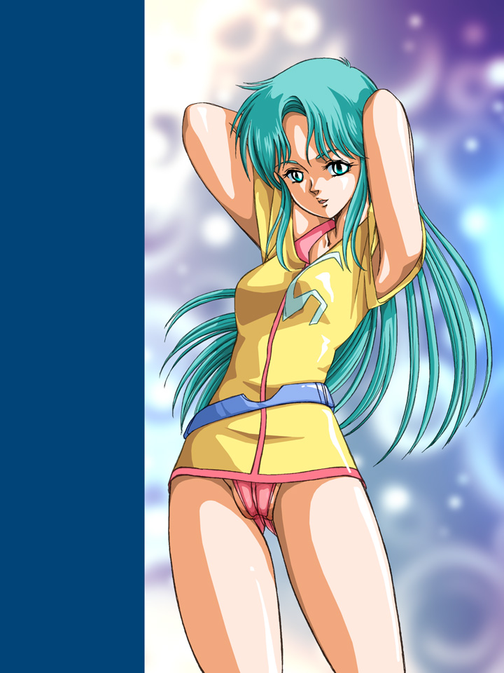 zummy, reni ai, ninja senshi tobikage, eyebrows, 1980s (style), bad id, bad pixiv id, 1girl, aqua eyes, aqua hair, arms behind head, belt, breasts, cameltoe, collarbone, dress, female focus, gluteal fold, groin, legs apart, long hair, looking at viewer, oldschool, panties, pantyshot, parted lips, pink panties, pussy, retro artstyle, shiny skin, short dress, small breasts, solo, standing, thighs, underwear, upskirt, yellow dress