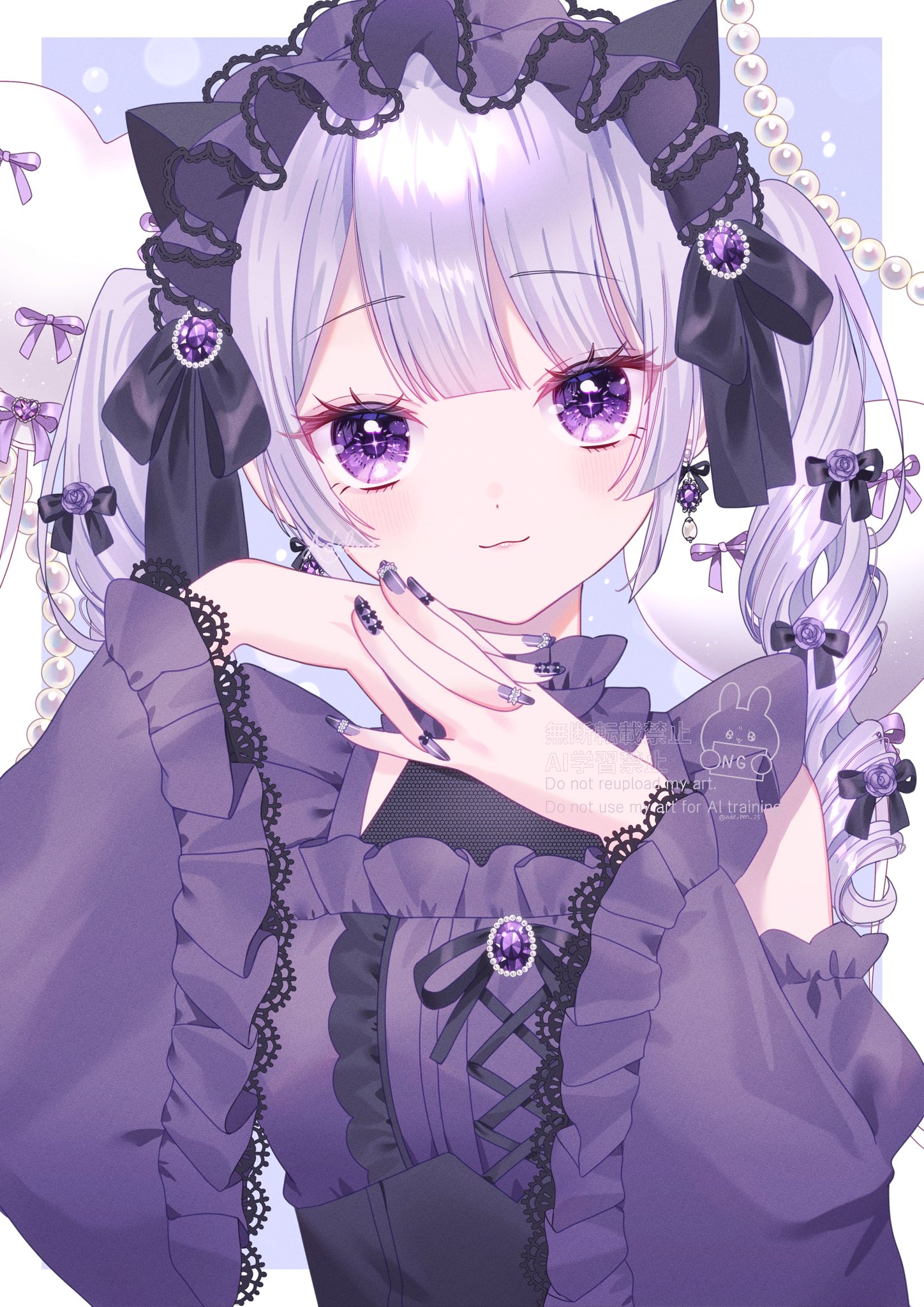 azarashi6, original, commentary, highres, symbol-only commentary, 1girl, :3, black bow, black headdress, black shirt, bow, choker, closed mouth, detached sleeves, drill hair, frilled choker, frilled headwear, frilled sleeves, frills, grey hair, hair between eyes, hair bow, jirai kei, looking at viewer, nail polish, own hands together, purple eyes, shirt, smile, solo, twin drills, upper body, wide sleeves