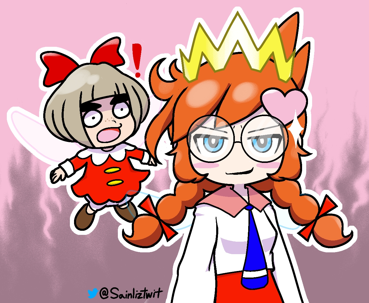 sainliztwit, lulu (warioware), penny crygor, ribbon (kirby), ripple star queen, kirby (series), kirby 64, nintendo, warioware, bad id, bad pixiv id, !, 2girls, artist name, blue eyes, bow, braid, brown hair, cosplay, crown, fairy, fairy wings, freckles, hair bow, hair ornament, heart, heart hair ornament, long hair, low twin braids, multiple girls, open mouth, orange hair, red bow, ribbon (kirby) (cosplay), ripple star queen (cosplay), twin braids, wings