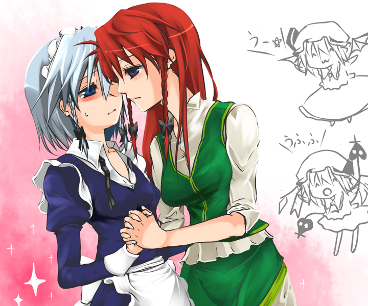 toraneko, flandre scarlet, hong meiling, izayoi sakuya, remilia scarlet, embodiment of scarlet devil, touhou, bad id, bad pixiv id, 3girls, blush, breasts, dress, female focus, gradient background, holding hands, maid, multiple girls, partially colored, skirt, sweatdrop, white background, yuri