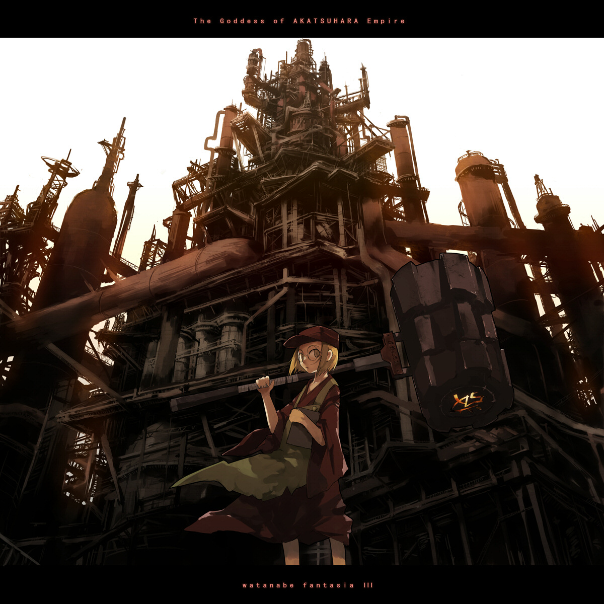 gregorius yamada, watanabe (pixiv fantasia), pixiv fantasia, pixiv fantasia 3, highres, 1girl, blonde hair, character name, copyright name, english text, female focus, glasses, hammer, hat, industrial pipe, letterboxed, short hair, solo, steampunk
