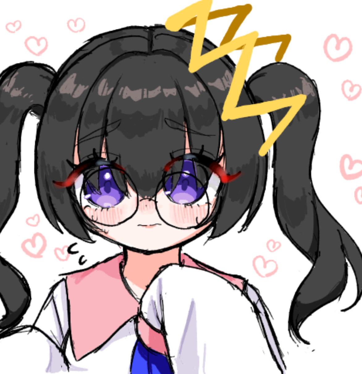 alt 0218, ripple star queen, kirby (series), kirby 64, nintendo, highres, 1girl, black hair, blush, flying sweatdrops, glasses, grey background, heart, long hair, looking at viewer, purple eyes, simple background, sketch, sleeves past fingers, sleeves past wrists, twintails