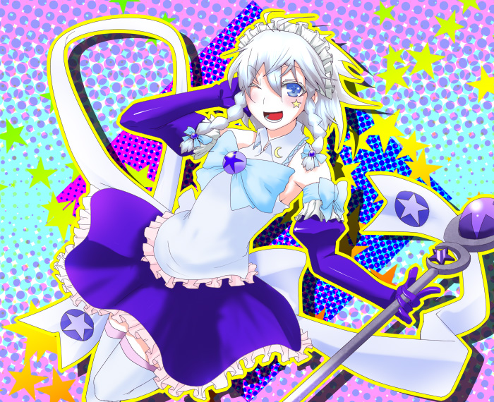 soubi, izayoi sakuya, bishoujo senshi sailor moon, touhou, silver hair, 1girl, blue eyes, female focus, hairband, magical girl, one eye closed, parody, ribbon, short hair, solo, star (symbol), thighhighs, wink