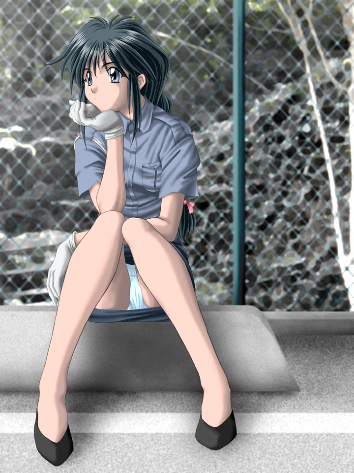 zummy, kobayakawa miyuki, taiho shichauzo, bad id, bad pixiv id, 1girl, black hair, blue eyes, chain-link fence, day, female focus, fence, gloves, japan national police, long hair, no legwear, outdoors, panties, pantyshot, pencil skirt, police, sitting, skirt, solo, underwear, upskirt, white gloves, white panties