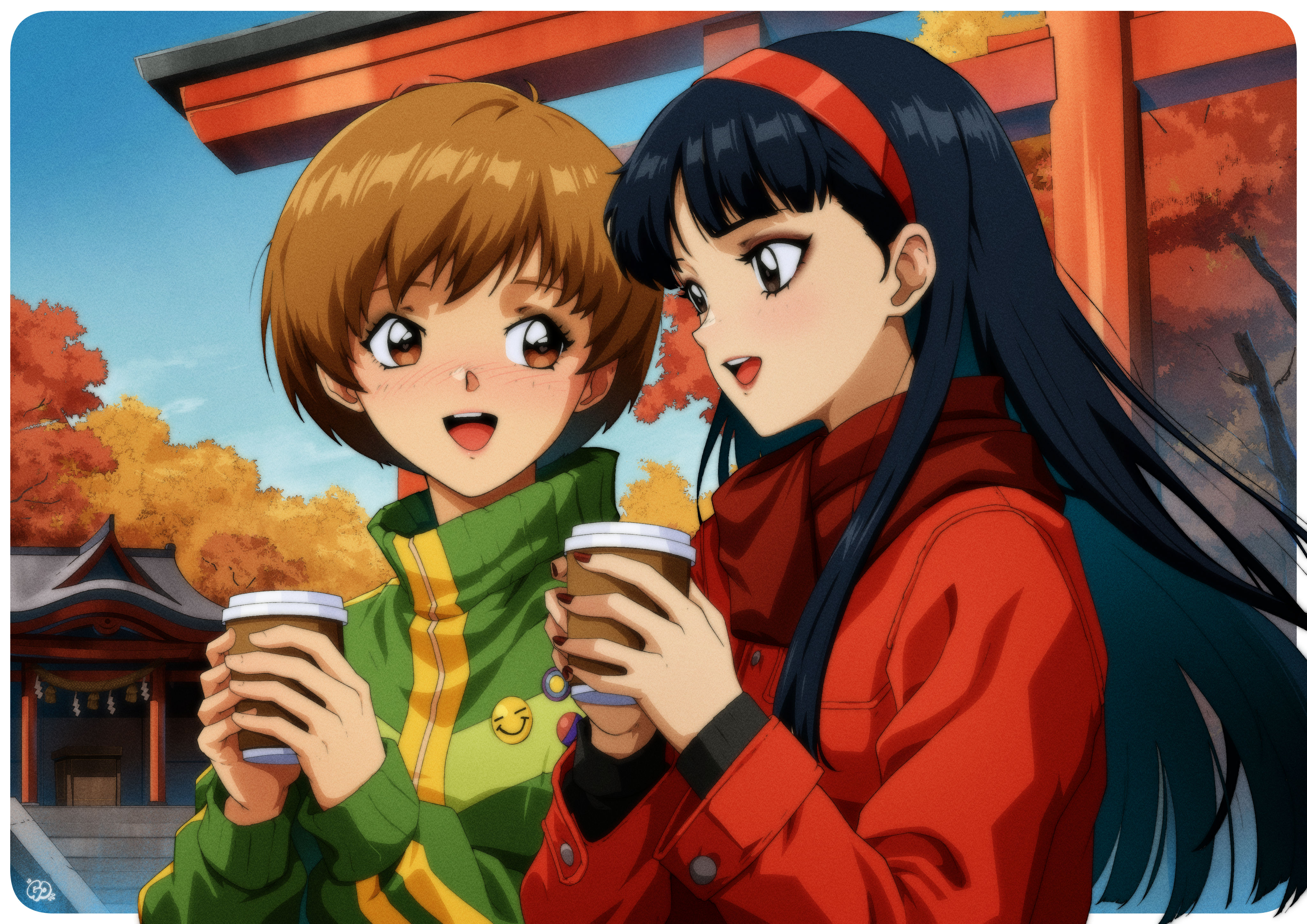 gravydood, amagi yukiko, satonaka chie, persona, persona 4, absurdres, highres, 2girls, architecture, autumn, black hair, black sweater, blunt bangs, blunt ends, border, breasts, brown eyes, brown hair, cup, disposable cup, east asian architecture, green jacket, hairband, hime cut, holding, holding cup, jacket, light blush, long hair, looking at another, medium breasts, multiple girls, open mouth, outdoors, red hairband, red jacket, red nails, red scarf, scarf, short hair, smile, smiley face, sweater, torii, track jacket, upper body, white border