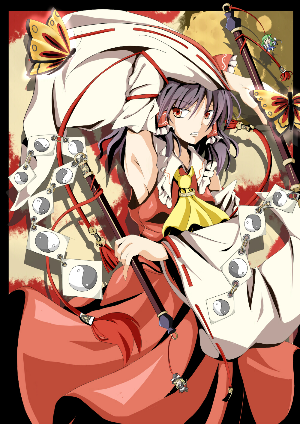 shino (moment), hakurei reimu, kirisame marisa, kochiya sanae, touhou, highres, 3girls, armpits, ascot, bare shoulders, black hair, bow, bug, butterfly, detached sleeves, dual wielding, female focus, gohei, hair bow, hair tubes, holding, long hair, long sleeves, looking at viewer, multiple girls, standing, stick, tassel, yin yang