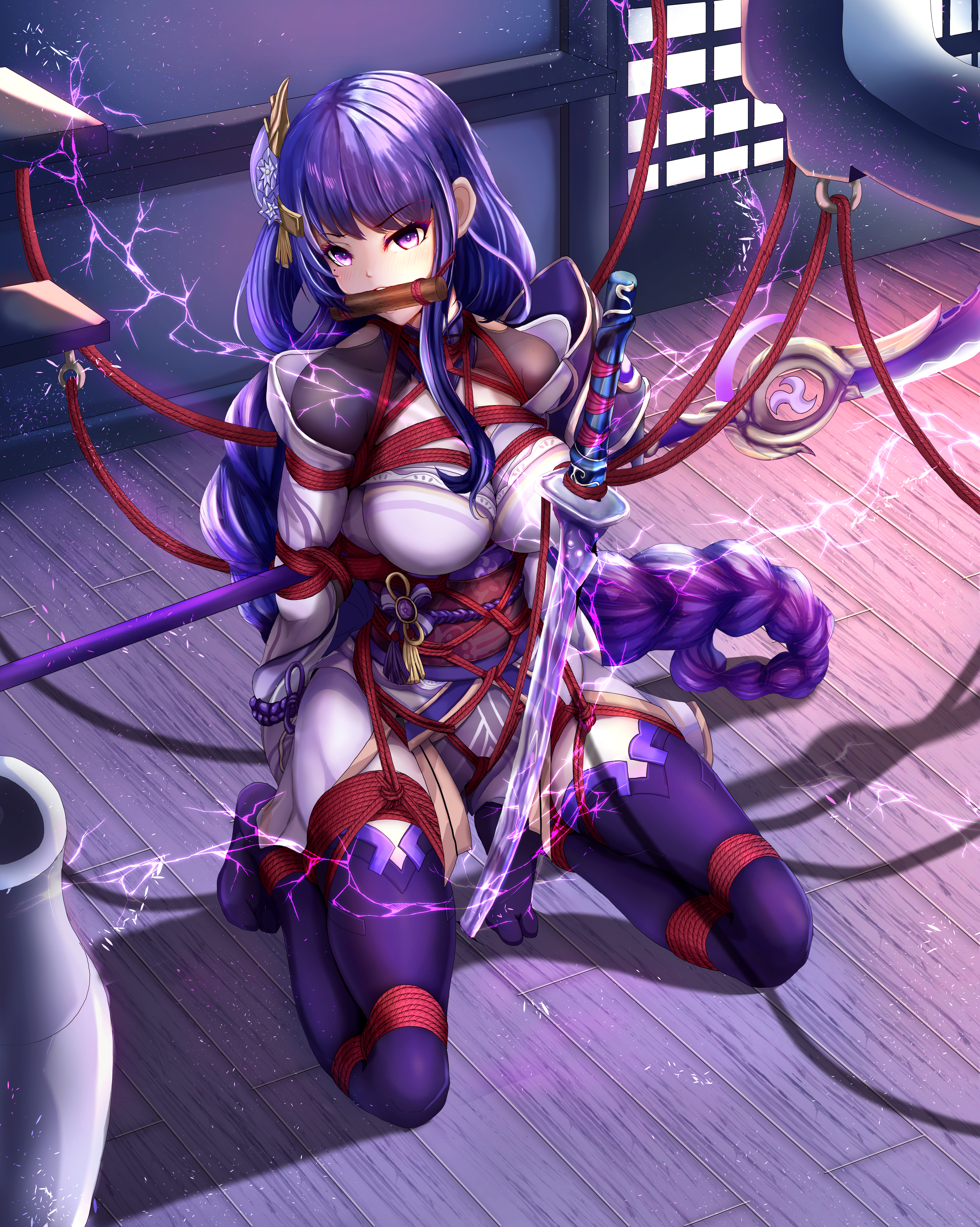 bianfu yeyue, raiden shogun, genshin impact, absurdres, commentary request, highres, 1girl, armor, arms behind back, bdsm, blue pupils, blunt bangs, bondage, bound, bound ankles, bound arms, bound legs, bound thighs, bound torso, braid, breast bondage, cable, chinese knot, crotch rope, electricity, engulfing lightning (genshin impact), fan hair ornament, flower ornament, full body, gag, gagged, glowing, hair ornament, head tilt, indoors, japanese clothes, katana, kimono, kneeling, light particles, long braid, long hair, looking at viewer, looking to the side, mole, mole under eye, multicolored eyes, multicolored hair, polearm, purple background, purple eyes, purple hair, purple kimono, purple thighhighs, red rope, red sash, restrained, rope, sash, seiza, shade, shadow, shibari, shibari over clothes, shoulder armor, single braid, sitting, solo, streaked hair, suspension, sword, teeth, thighhighs, tiptoes, vase, weapon, weapon on back, weapon tied to hand