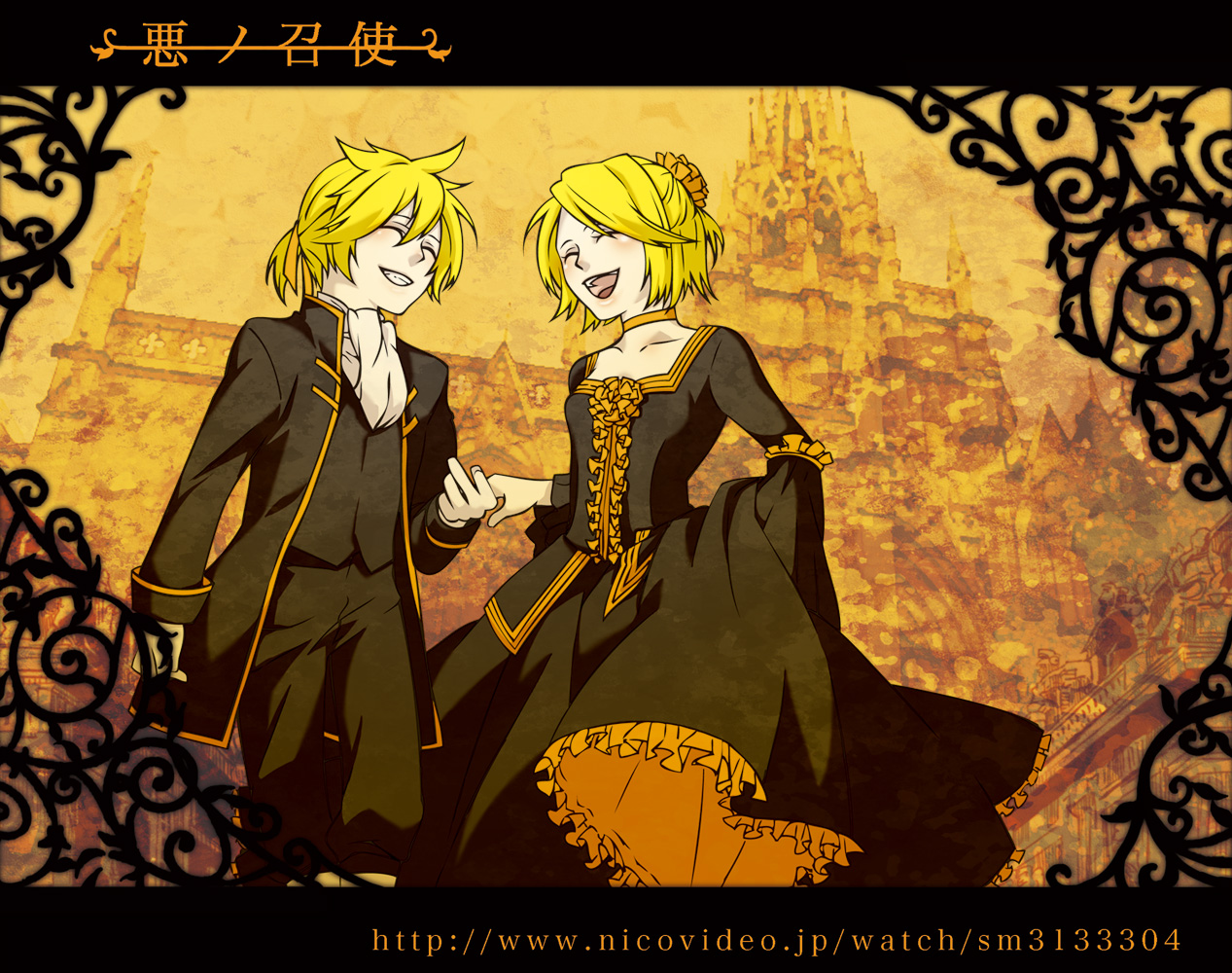 sabo (srapenil), allen avadonia, kagamine len, kagamine rin, riliane lucifen d'autriche, sabo, aku no musume (vocaloid), evillious nendaiki, vocaloid, bad id, bad pixiv id, 1boy, 1girl, black dress, blonde hair, daughter of evil, dress, formal clothes, frills, good end, hair ribbon, hetero, holding hands, ribbon, short hair, smile