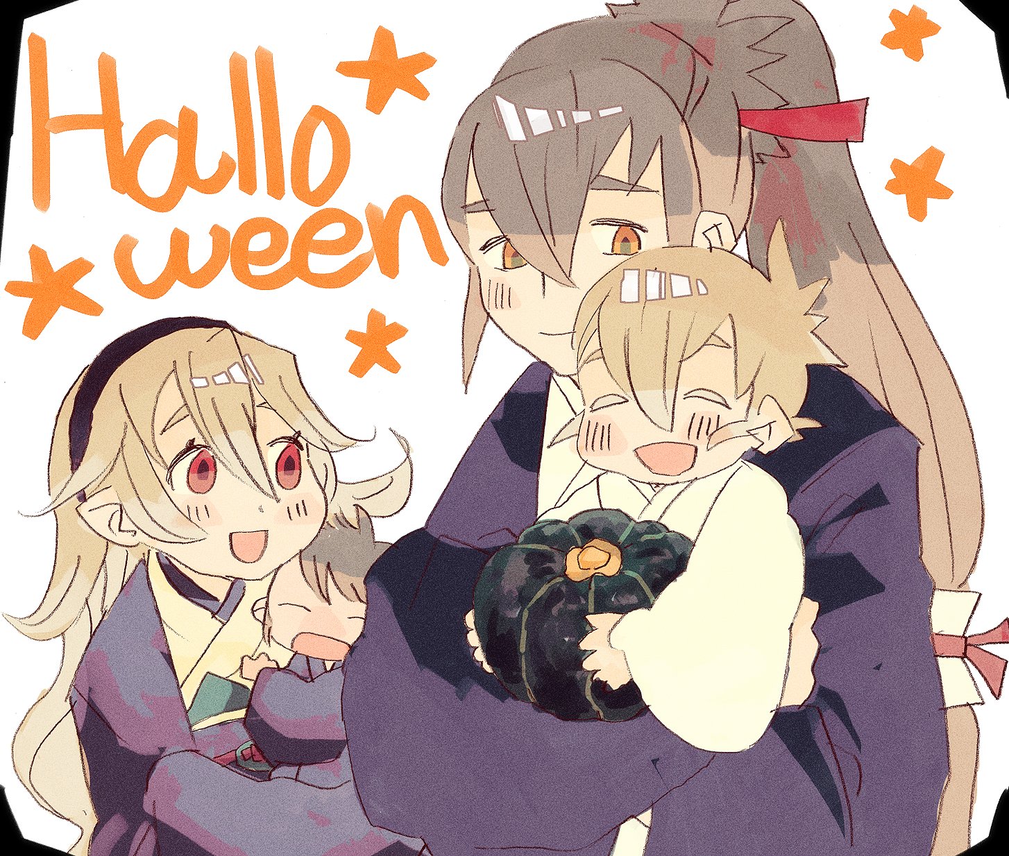 doggyet, female corrin (fire emblem), kiragi (fire emblem), male kana (fire emblem), takumi (fire emblem), fire emblem, fire emblem fates, nintendo, highres, 2boys, 2girls, black hairband, family, hair between eyes, hairband, halloween, long hair, multiple boys, multiple girls, open mouth, orange eyes, pumpkin, red eyes, upper body