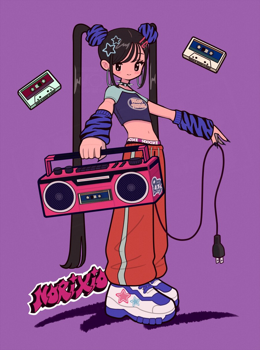 norixio, original, commentary, english commentary, highres, 1girl, armor, black eyes, black hair, black nails, cable, cassette tape, closed mouth, crop top, earrings, full body, hair between eyes, hair ornament, hairclip, holding, holding cable, holding radio, hoop earrings, jewelry, long hair, looking at viewer, orange pants, outstretched arms, pants, purple armor, purple background, radio, shoes, short sleeves, smile, sneakers, solo, star (symbol), star hair ornament, twintails, very long hair, wispy bangs