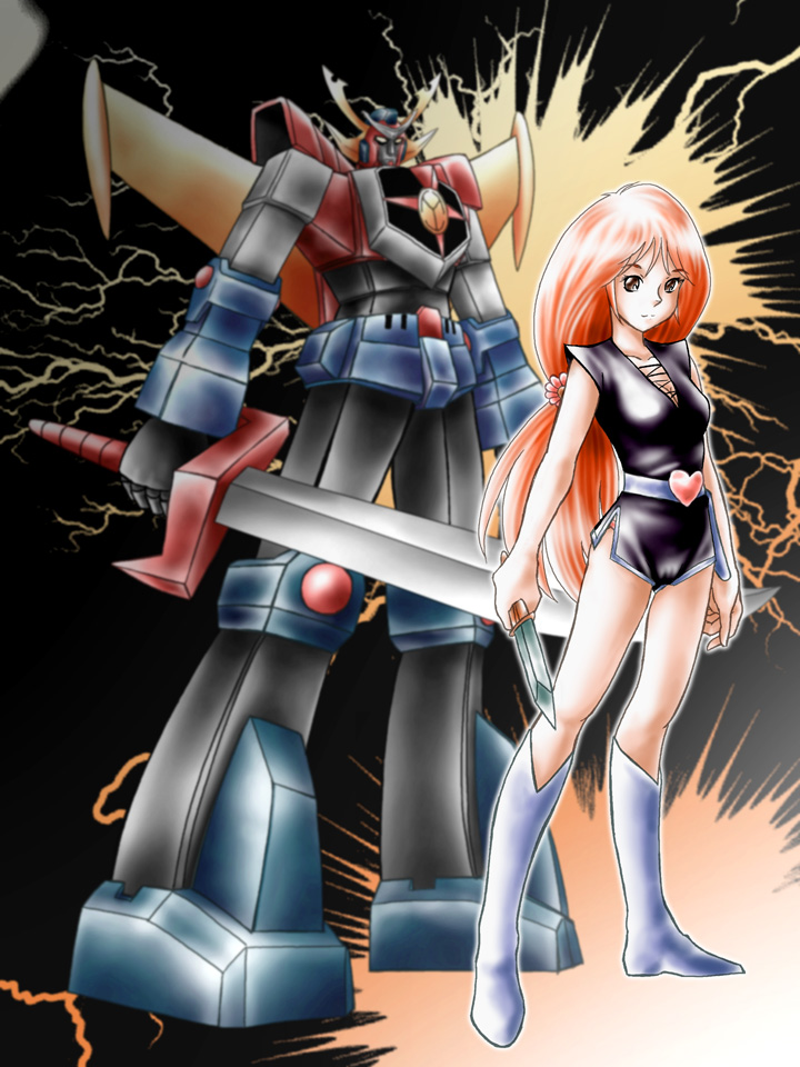 zummy, daiooja, flora shinobu, shinobu (daiohja), saikyo robo daiohja, saikyou robo daiooja, white footwear, bad id, bad pixiv id, 1girl, belt, boots, brown eyes, dagger, daiohja, flower, hair flower, hair ornament, heart, knife, lightning, mecha, orange hair, ponytail, robot, super robot, weapon