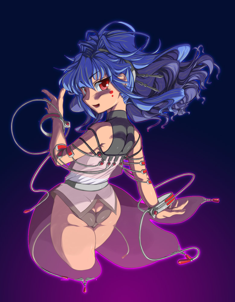 othousand, alfimi, banpresto, super robot wars, ass, blue hair, long hair, looking back, panties, red eyes, underwear