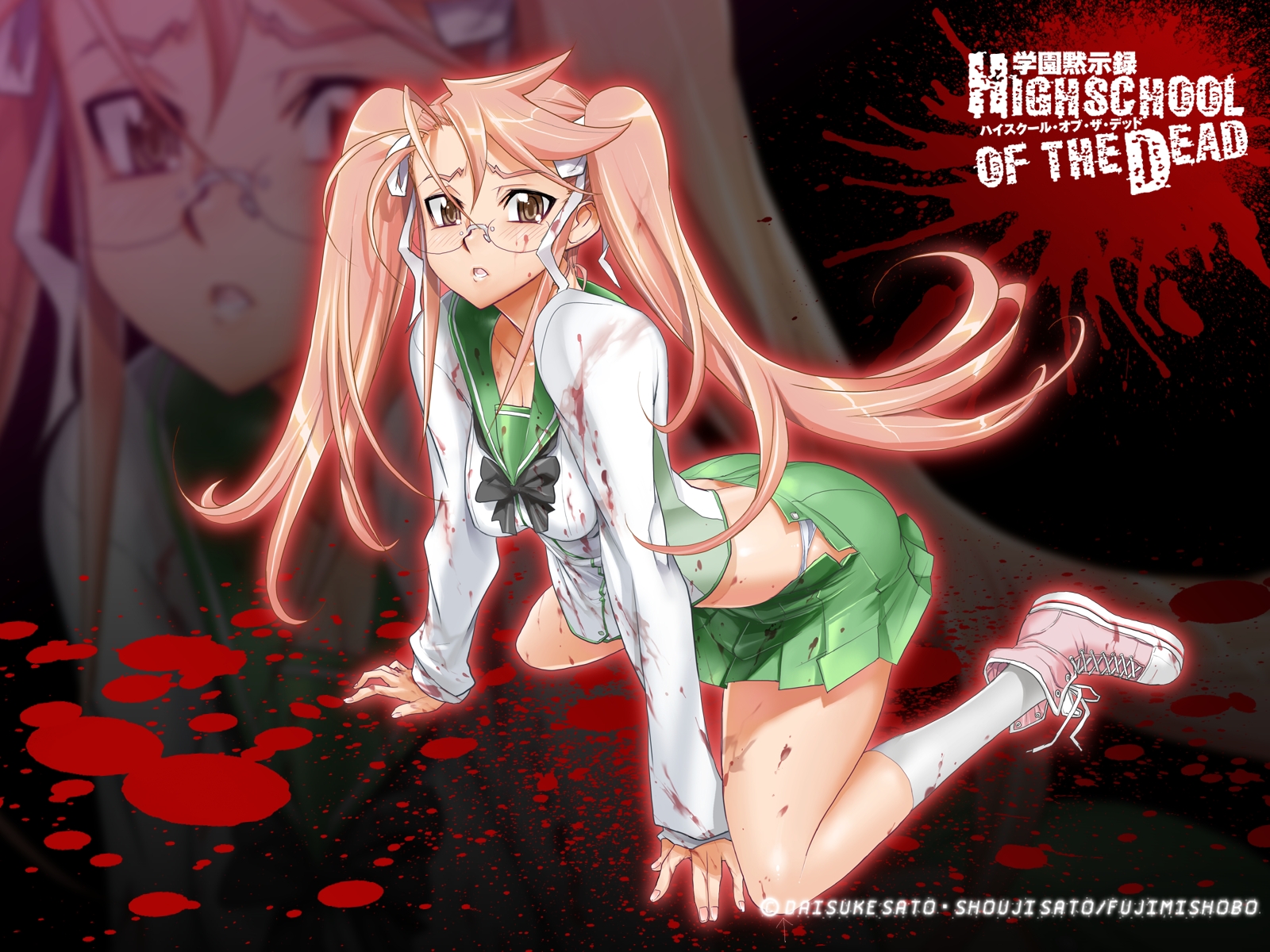 satou shouji, takagi saya, highschool of the dead, highres, 1girl, blood, breasts, dirty, female focus, glasses, legs, long hair, miniskirt, panties, pantyshot, pink hair, school uniform, skirt, solo, twintails, underwear, upskirt, zoom layer