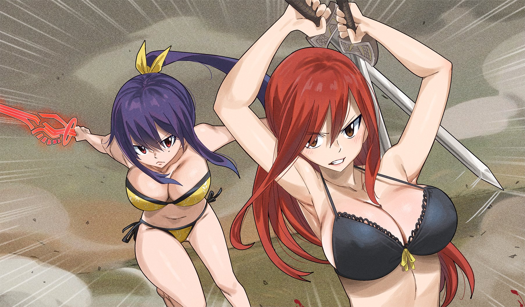 gaston18, erza scarlet, homura kogetsu, eden's zero, fairy tail, highres, 2girls, bikini, breasts, cleavage, collarbone, dual wielding, holding, holding sword, holding weapon, large breasts, long hair, mole, mole under eye, multiple girls, navel, ponytail, red hair, swimsuit, sword, weapon