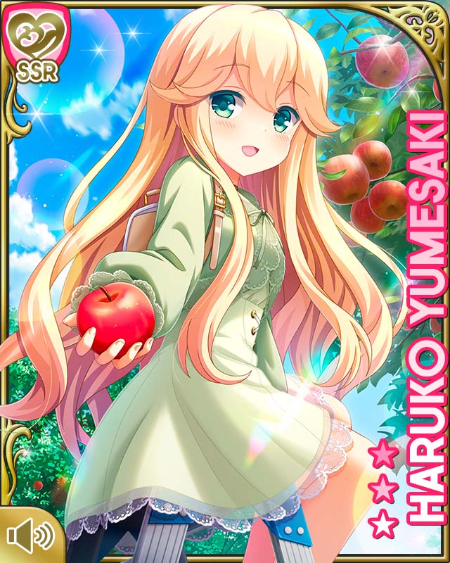 qp:flapper, yumesaki haruko, girlfriend (kari), official art, tagme, 1girl, :d, alternate hairstyle, apple, apple tree, blonde hair, bow, card (medium), character name, cloud, cloudy sky, day, dress, food, forest, frilled dress, frills, fruit, green background, green bow, green dress, green eyes, holding, holding food, long hair, long sleeves, nature, on ladder, open mouth, outdoors, sky, smile, standing, tree, two side up