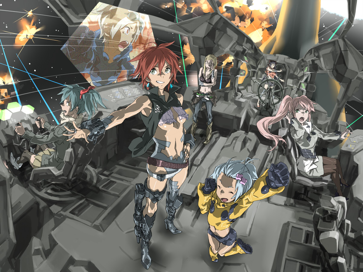 baariya, original, 6+girls, armor, battle, bikini armor, boots, breasts, child, cyborg, explosion, fire, flat chest, happy, machine, monitor, multiple girls, no bra, pantyhose, revealing clothes, shorts, space, spacecraft, spacecraft interior, technology, thighhighs, underboob
