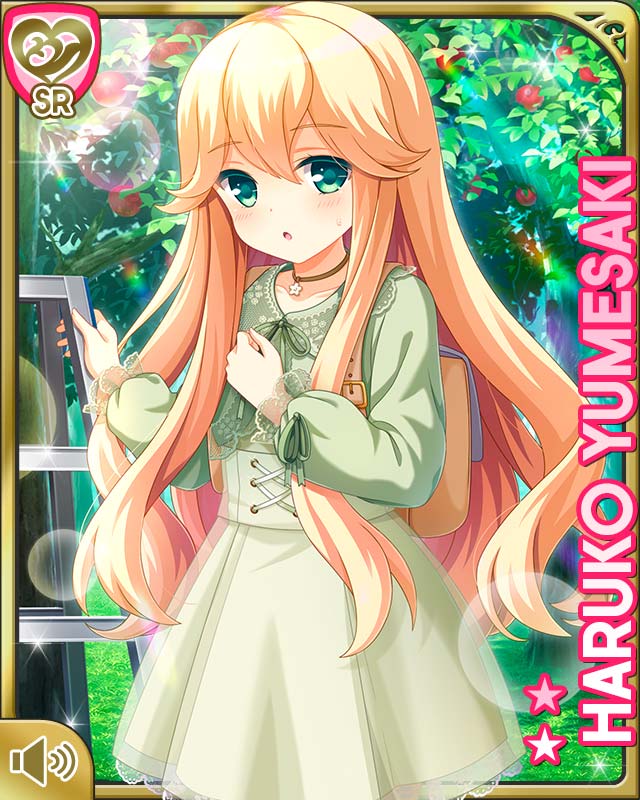 qp:flapper, yumesaki haruko, girlfriend (kari), official art, tagme, 1girl, :o, alternate hairstyle, apple, apple tree, blonde hair, bow, card (medium), character name, day, dress, food, forest, frilled dress, frills, fruit, green background, green bow, green dress, green eyes, holding, holding food, long hair, long sleeves, nature, open mouth, outdoors, standing, tree, two side up