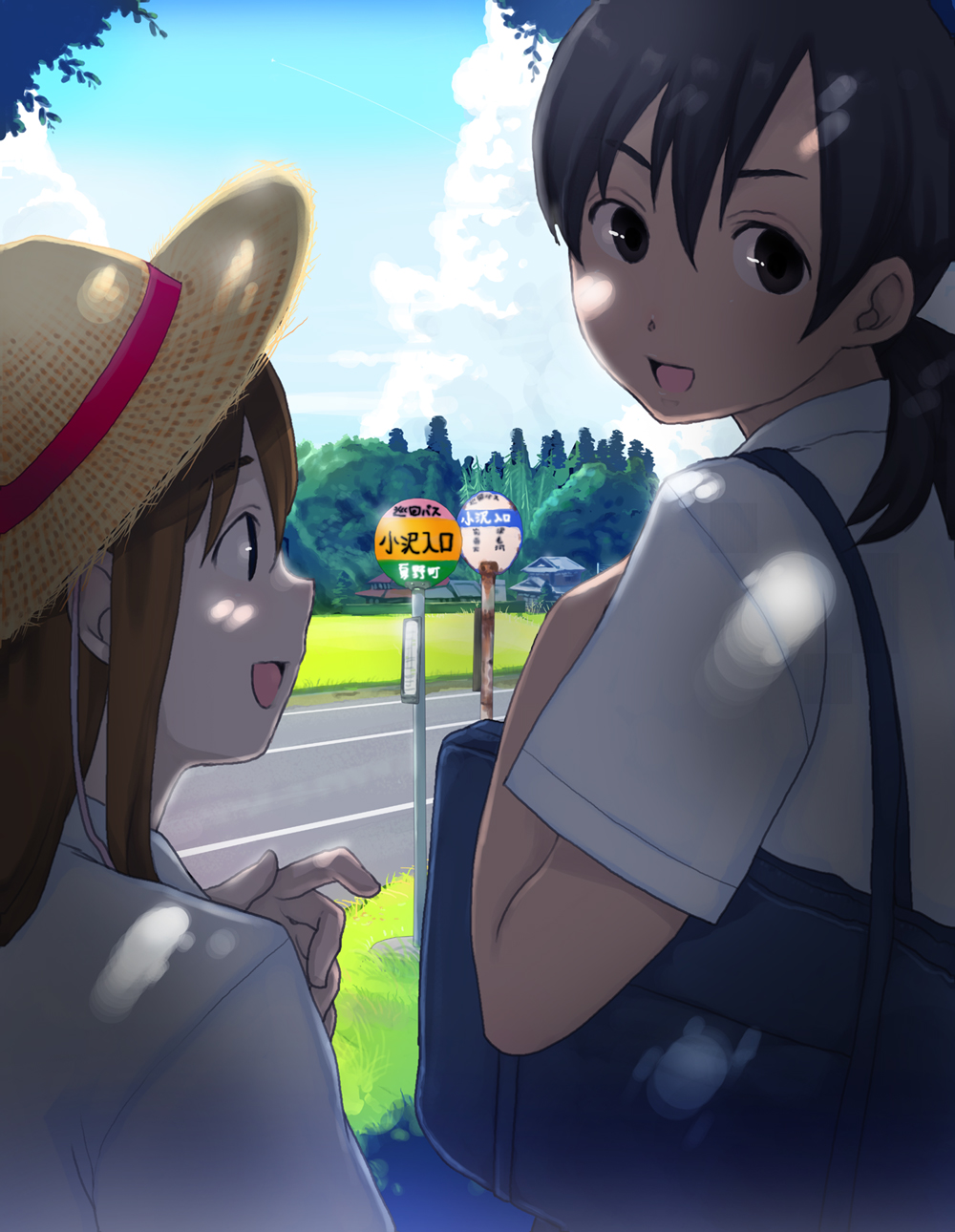 kari (kakko k), original, bad id, bad pixiv id, highres, 2girls, bag, black hair, brown hair, dappled sunlight, happy, hat, looking back, multiple girls, ponytail, road, satchel, straw hat, sunlight