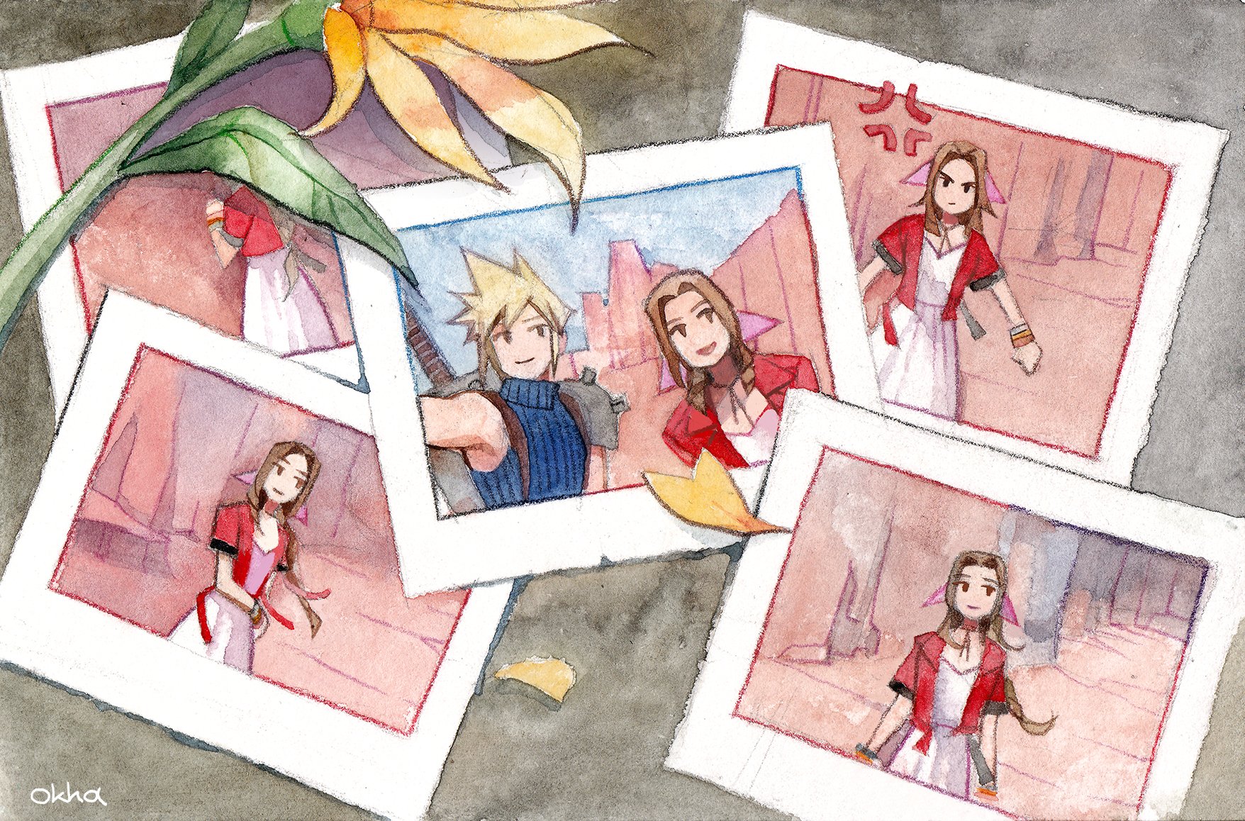 okha, aerith gainsborough, cloud strife, final fantasy, final fantasy vii, final fantasy vii rebirth, final fantasy vii remake, highres, traditional media, 1boy, 1girl, anger vein, armor, artist name, bangle, blonde hair, blue shirt, bracelet, braid, braided ponytail, brown hair, buster sword, clenched hands, closed mouth, desert, dress, falling petals, flower, furrowed brow, jacket, jewelry, light smile, lily (flower), long hair, necklace, open mouth, parted bangs, pauldrons, petals, photo (object), pink dress, red jacket, selfie, shirt, short hair, short sleeves, shoulder armor, sidelocks, single braid, single pauldron, smile, spiked hair, suspenders, sword, sword on back, weapon, weapon on back, yellow flower, yellow petals
