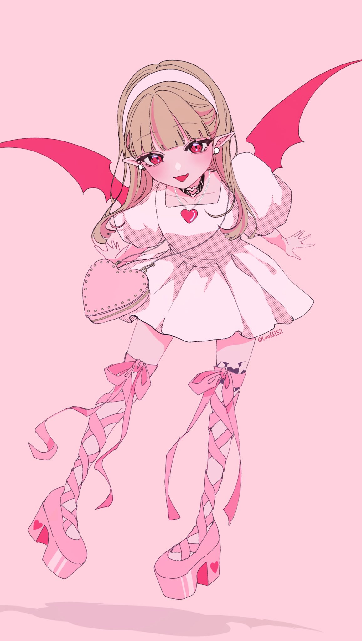unskk152, makaino ririmu, nijisanji, highres, 1girl, bag, ben-day dots, black choker, blunt ends, blush, center-flap bangs, choker, collarbone, colored inner hair, demon wings, dress, earrings, fang, flying, full body, grey hair, hair over shoulder, hairband, heart, heart-shaped bag, heart necklace, heart o-ring, heart ring choker, jewelry, leaning forward, leg bow, leg ribbon, leg tattoo, long hair, looking at viewer, midair, multicolored hair, necklace, o-ring, o-ring choker, official alternate costume, official alternate hairstyle, open mouth, pink background, pink bag, pink hair, pink ribbon, pink shoes, pink streaks, pink theme, platform shoes, pointy ears, puffy short sleeves, puffy sleeves, red eyes, red wings, ribbon, screentones, shoes, short dress, short sleeves, shoulder bag, skin fang, smile, solo, straight hair, streaked hair, stud earrings, tattoo, twitter username, two-tone hair, virtual youtuber, white dress, white hairband, winged heart, winged heart tattoo, wings