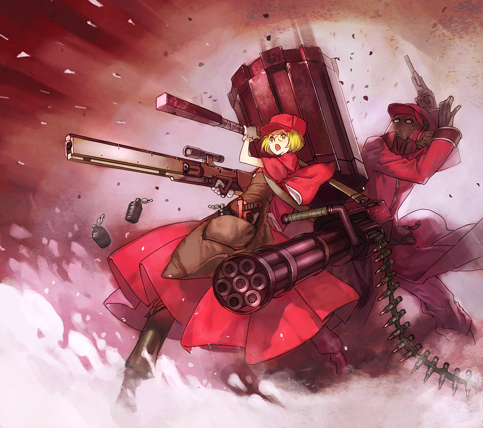 kerokero saito, watanabe (pixiv fantasia), wayder (pixiv fantasia), pixiv fantasia, pixiv fantasia 3, 1boy, 1girl, apron, blonde hair, bomb, dress, explosive, gatling gun, glasses, gloves, grenade, gun, hammer, handgun, hat, mask, minigun, nambu pistol, pistol, raincoat, revolver, rifle, short hair, weapon